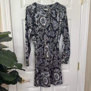 LOFT Blue and White Long Sleeve Sheath Dress